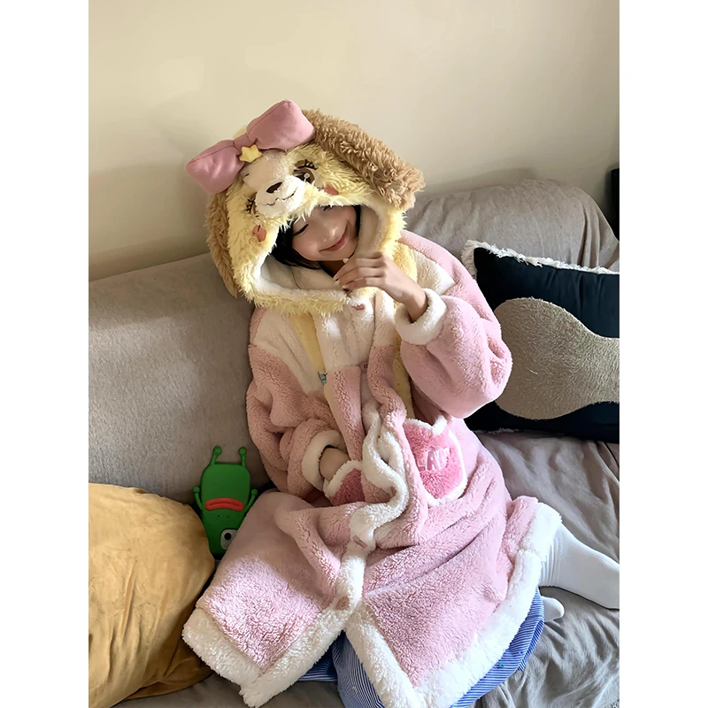 可爱小狗珊瑚绒连帽睡衣女款爆款2024新款冬季保暖加厚大码家居服