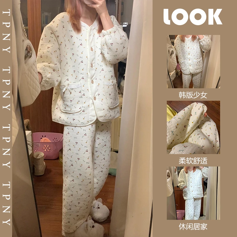 甜美少女樱桃印花空气棉睡衣女秋冬季新款加厚保暖2024家居服套装