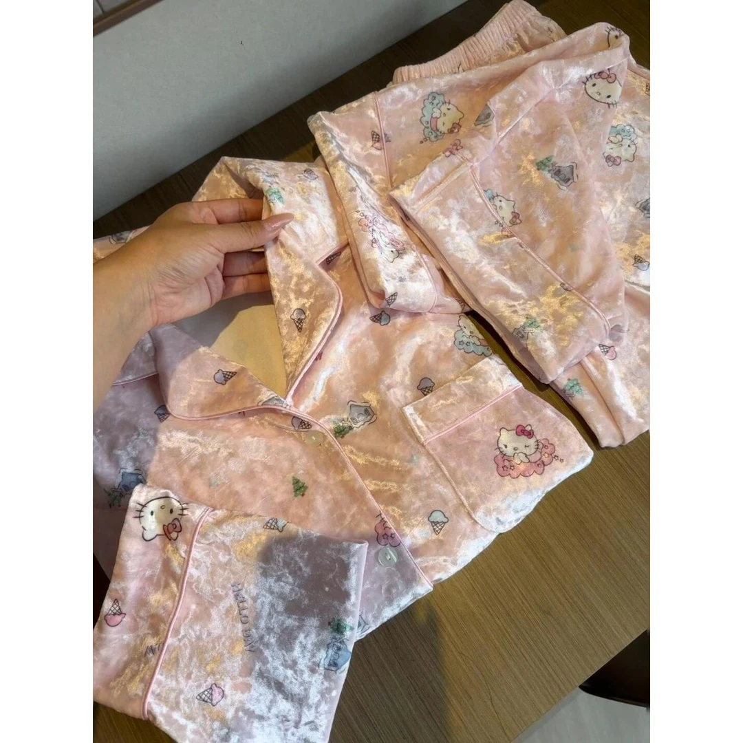 少女卡通Kitty猫轻奢印花金丝绒睡衣女冬款高级感家居服加厚套装