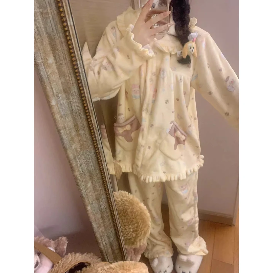 甜美少女风法兰绒睡衣女冬季新款珊瑚绒小个子家居服加绒保暖套装