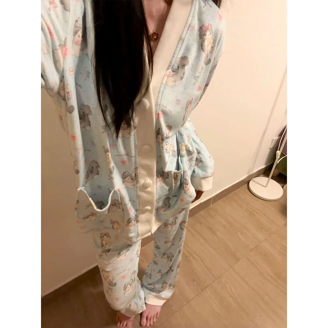 德绒睡衣春秋款女2025新款少女甜美卡通长袖长裤家居服套装可外穿
