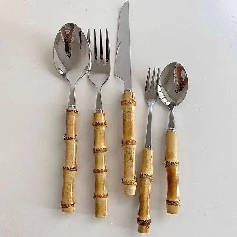 创意复古竹节柄不锈钢刀叉勺餐具套装家用西餐厅牛排刀甜品勺调羹
