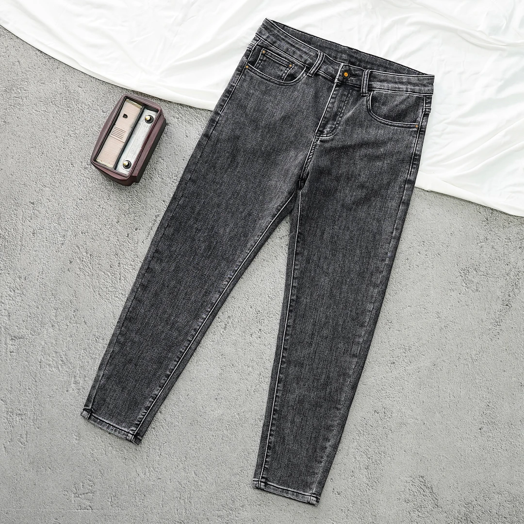 春秋季新款烟灰色牛仔裤男修身小脚美式高街弹力痞帅百搭九分裤子