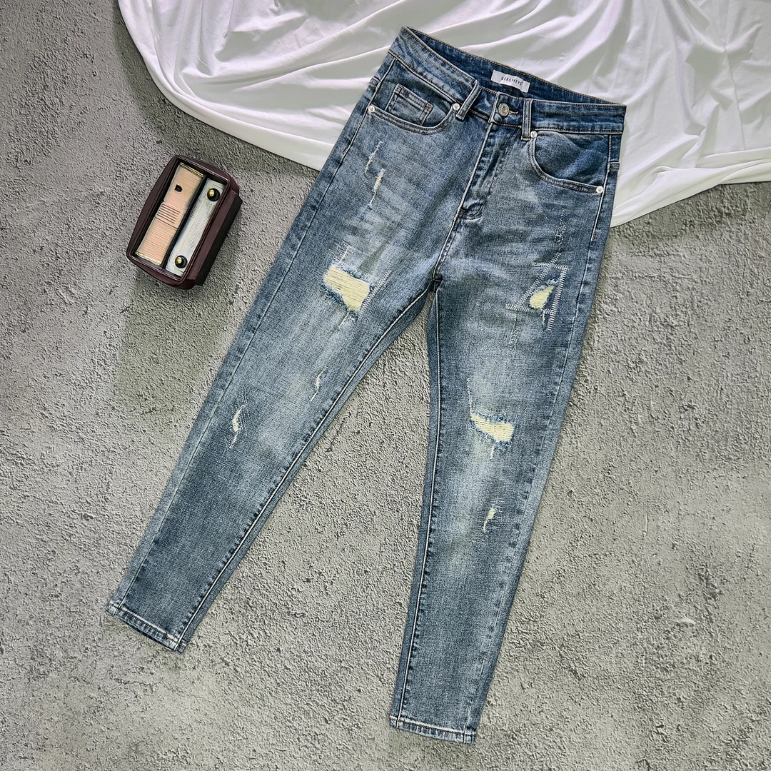 美式高街破洞牛仔裤男款修身小脚猫须九分裤痞帅百搭春秋新款长裤
