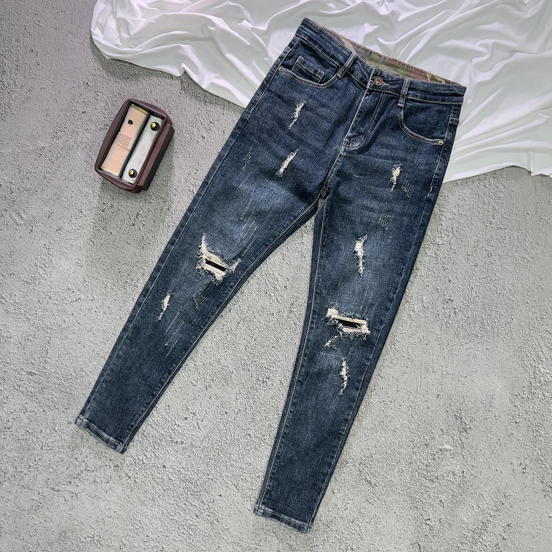 破洞补丁牛仔裤男款爆款2025新款秋季休闲九分小脚裤修身长裤子男