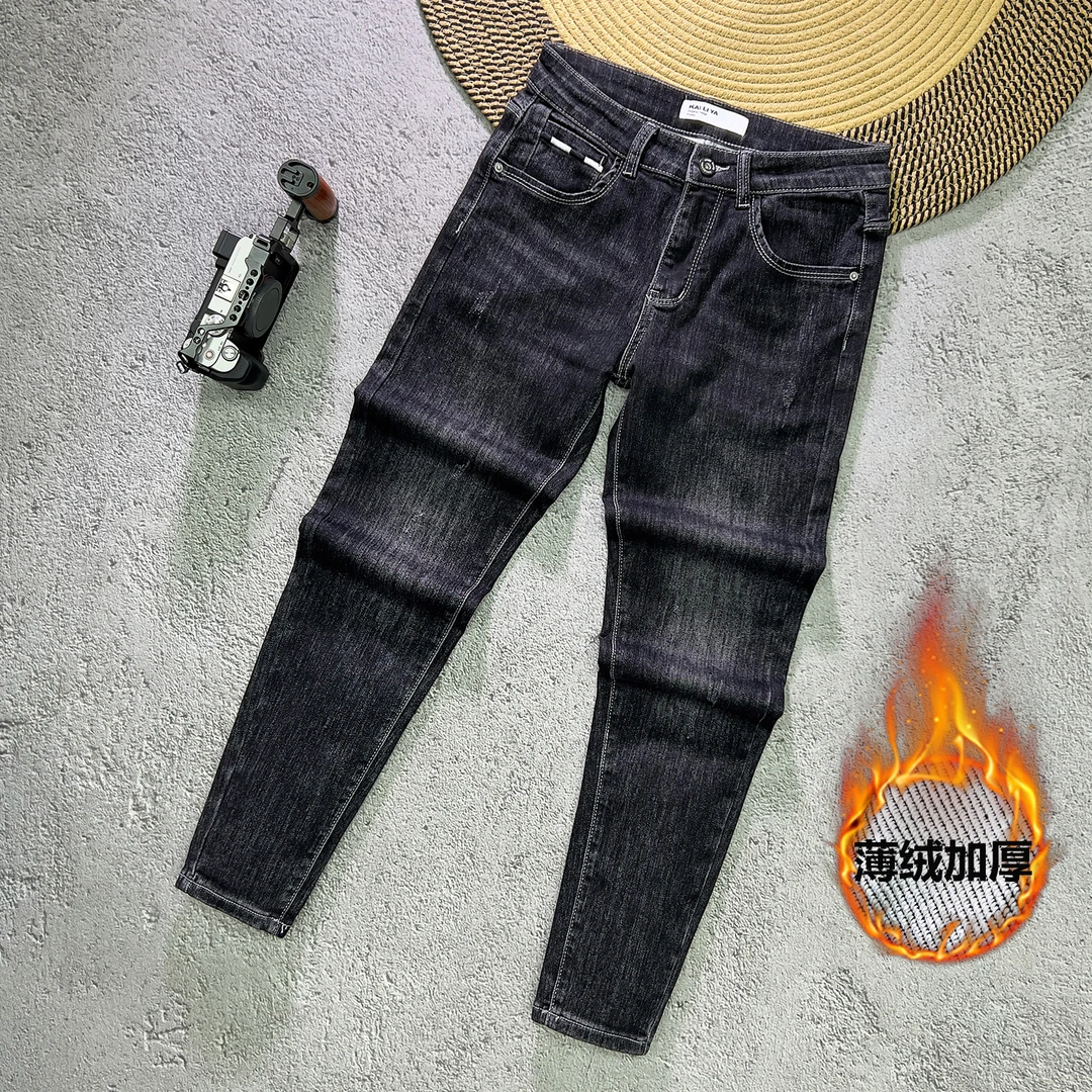 黑灰色牛仔裤男款爆款2025新款修身小脚九分裤潮牌韩版刺绣长裤子
