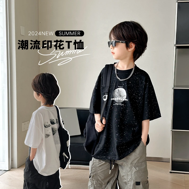 男童白色t恤2024新款男童短袖初中生上衣中大童夏装打底潮酷体恤