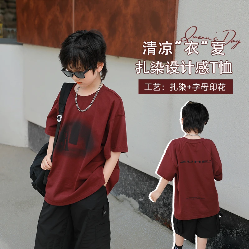 2024新款男童短袖t恤儿童宽松半袖红色潮中大童痞帅夏季上衣
