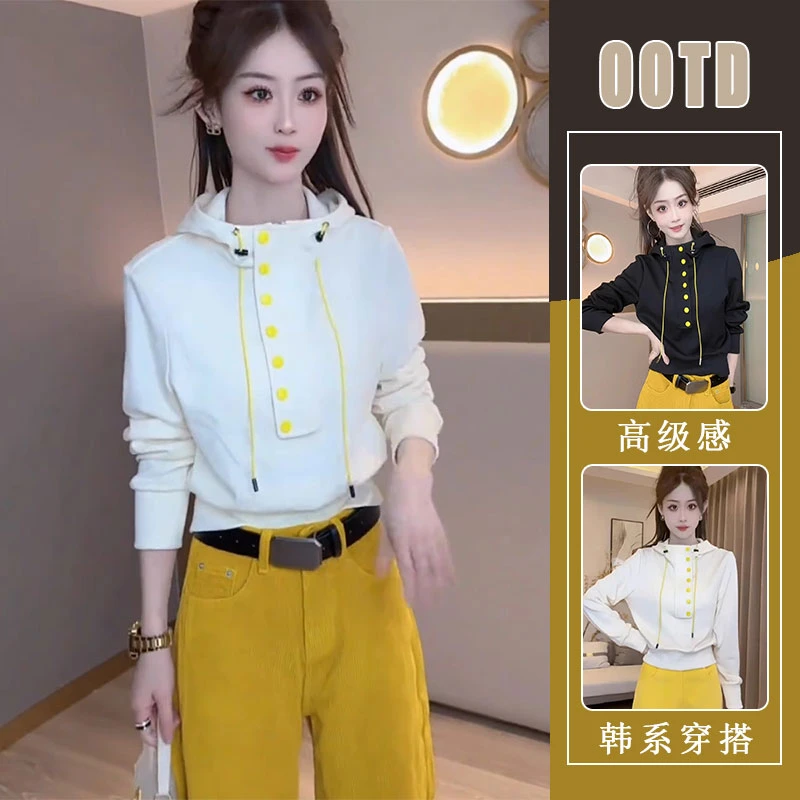 入秋韩系穿搭套装女2025春季连帽卫衣女显瘦黄色休闲裤两件套