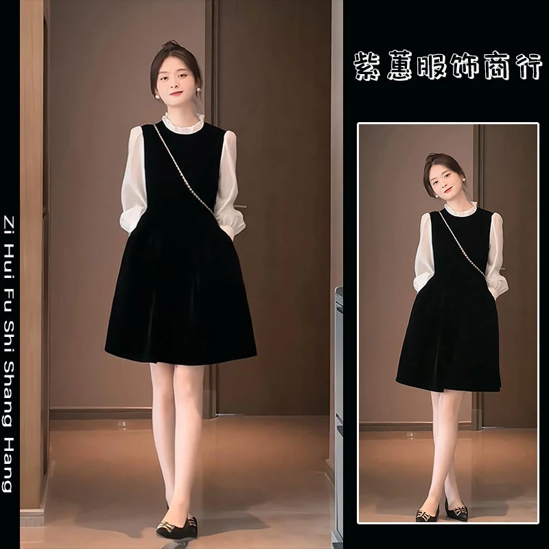 秋季穿搭高级感小个子法式长袖金丝绒连衣裙拼接超好看绝美小裙子