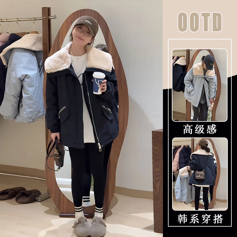 韩系冬季羊羔毛翻领派克服女2025年冬季新款黑色加厚羽绒棉服外套