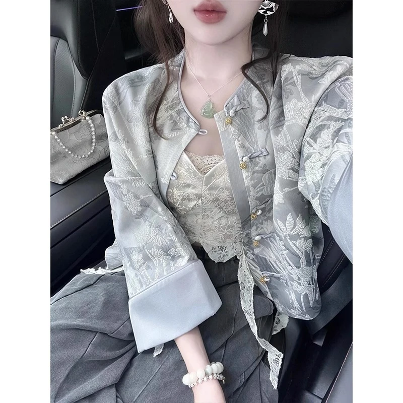 早秋穿搭高级感套装新中式国风短外套女复古时尚阔腿裤两件套装潮