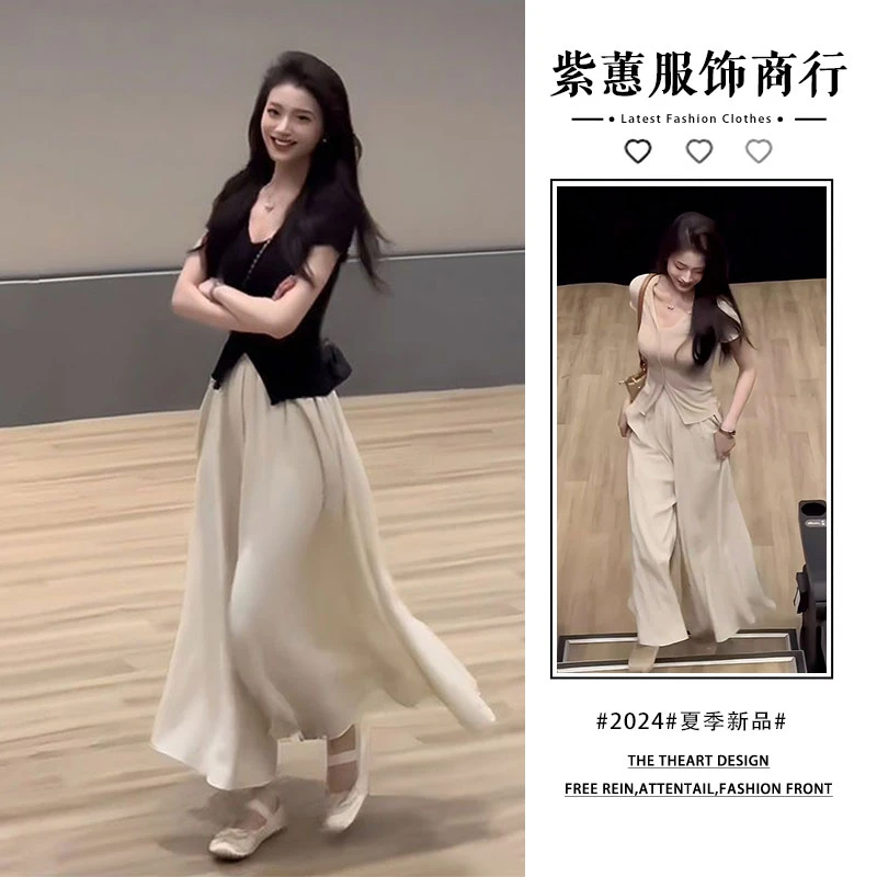 小个子穿搭夏装搭配一整套T恤上衣阔腿长裤子法式气质两件套装