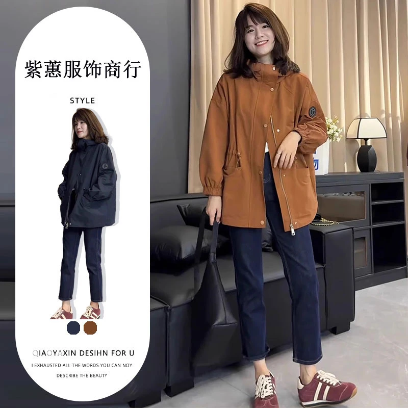 风衣女中长款2024秋冬季新款宽松休闲设计感工装连帽夹棉外套棉衣