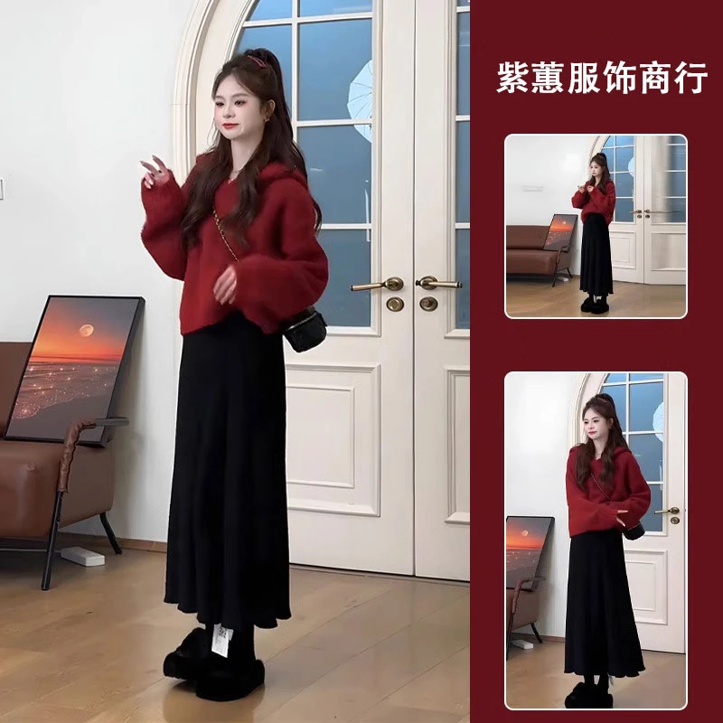 气质小香风红色毛衣女韩系穿搭一整套秋季高级感独特绝美小套装裙