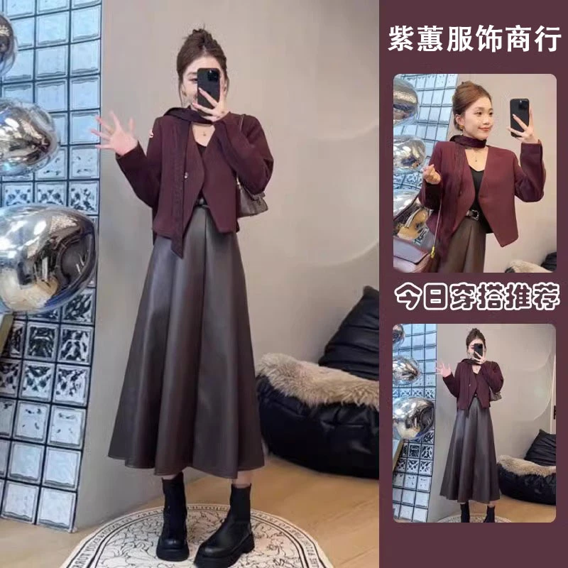 今年流行女装搭配套装秋季新款安可拉红西装外套高腰半身裙两件套