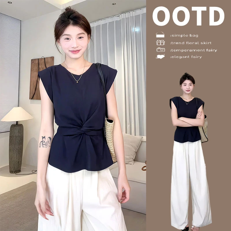 气质绑带扭结收腰显瘦无袖上衣阔腿裤两件套女夏季小众设计感套装