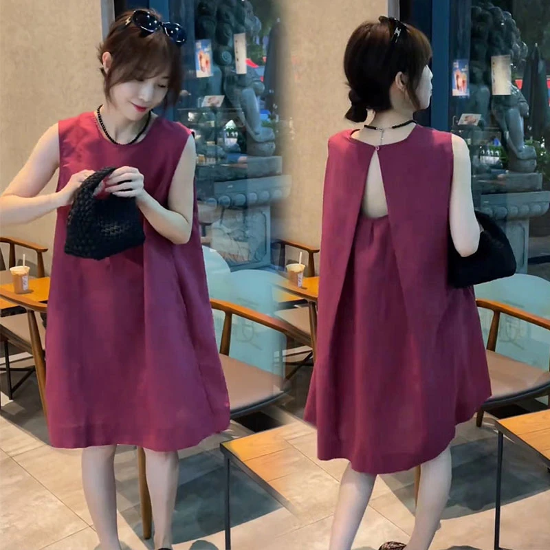 韩系高级感宽松显瘦纯色后背镂空露背无袖连衣裙女夏季直筒背心裙