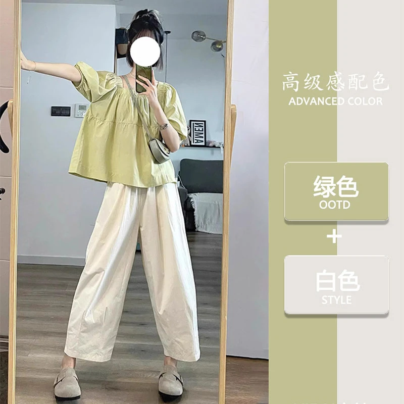 小个子显高时尚套装女夏季薄荷曼波风方领泡泡袖上衣阔腿裤两件套