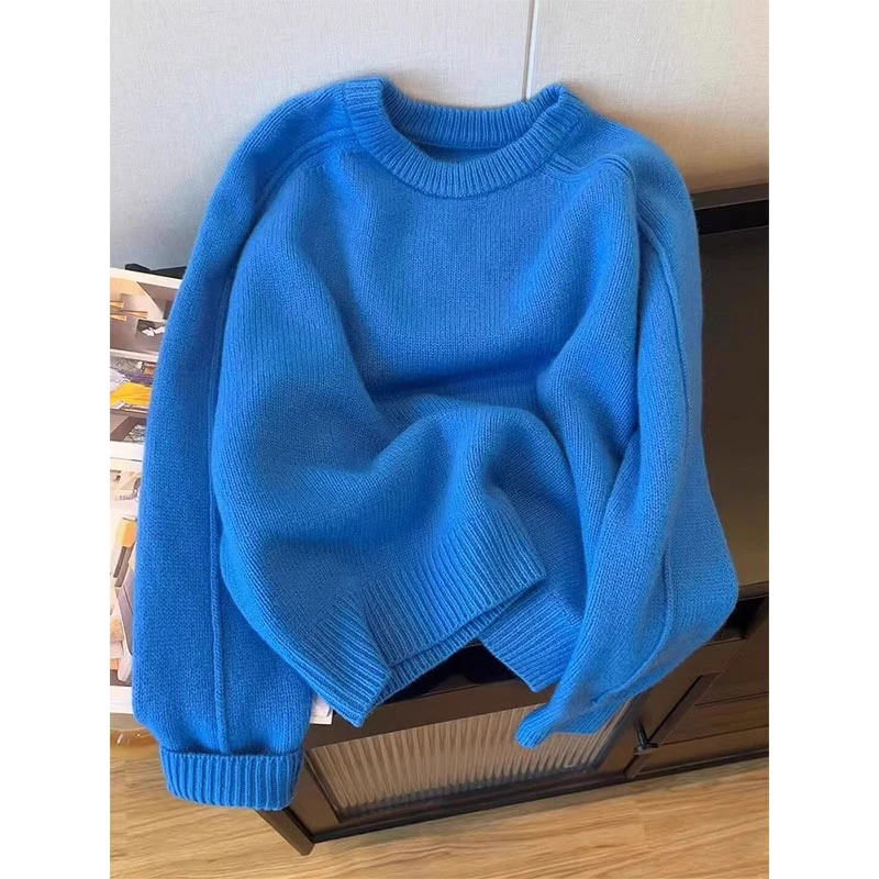 韩系复古软糯蓝色圆领套头长袖毛衣女秋冬季慵懒风减龄针织衫上衣