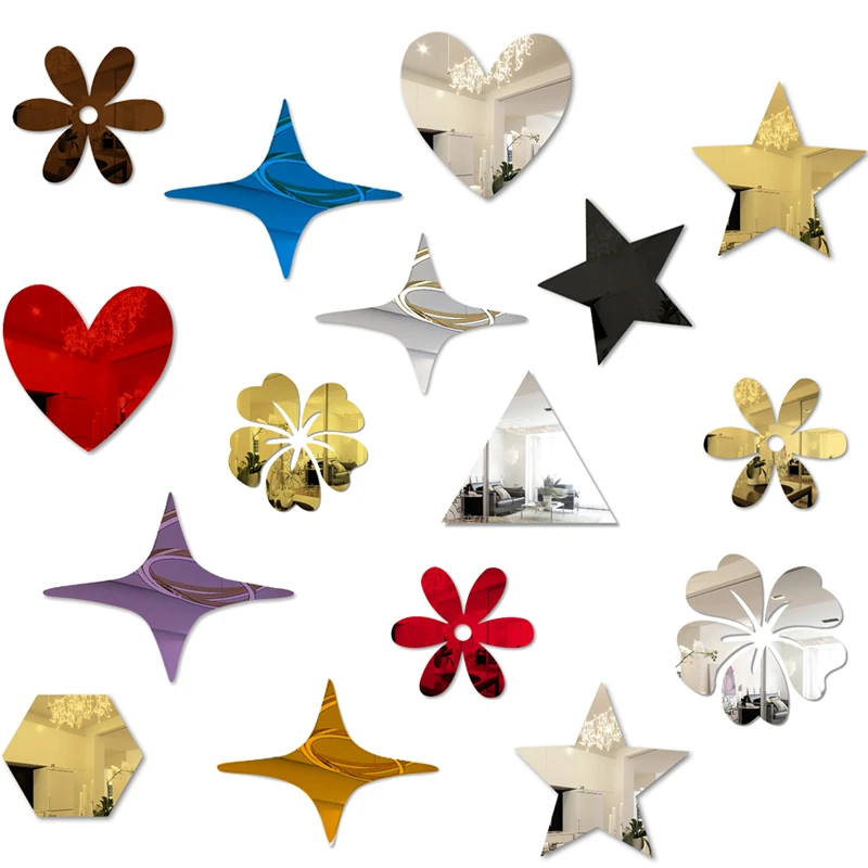 小花朵五角星星爱心装饰品蝴蝶墙面布置遮瑕三角形亚克力镜面墙贴
