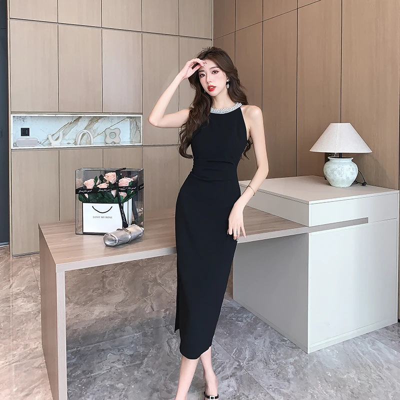 高级手工珍珠领礼服裙性感无袖连衣裙LQ