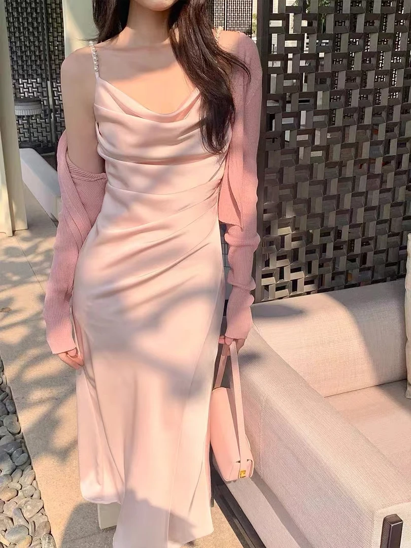 气质新款缎面荡领珍珠吊带裙海边舒适女开衩连衣裙纯欲性感