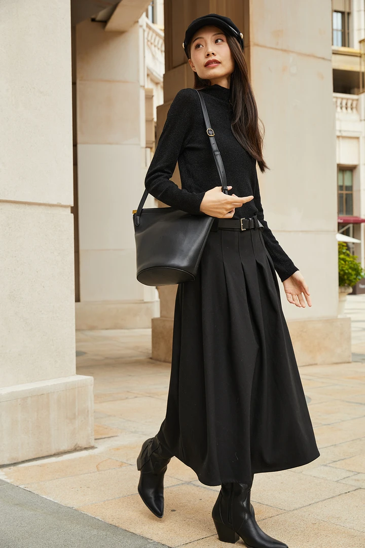 DUUEE2024新款腰带百褶半裙黑色气质优雅百搭裙5623BQW