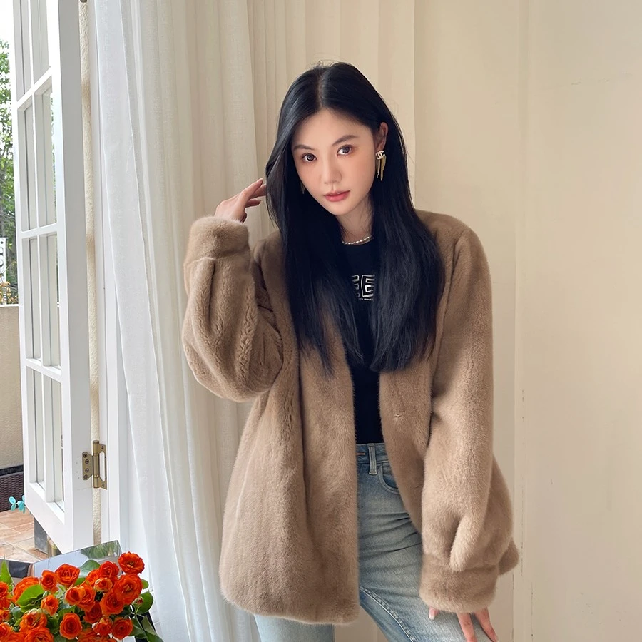 海宁2208丹麦进口貂皮大衣女V领中长款秋冬品质皮草外套皮草直播