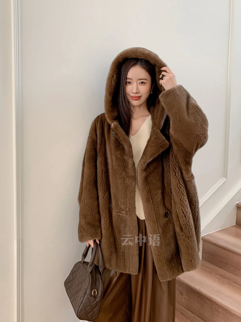 海宁圣宜2475进口天鹅绒冬季皮草短款宽松连帽整貂皮大衣女，