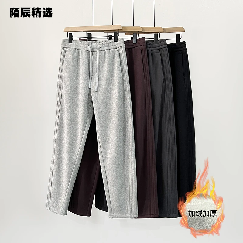 冬季高棉感立裁直筒香蕉裤男女情侣加绒加厚保暖卫裤潮流长裤