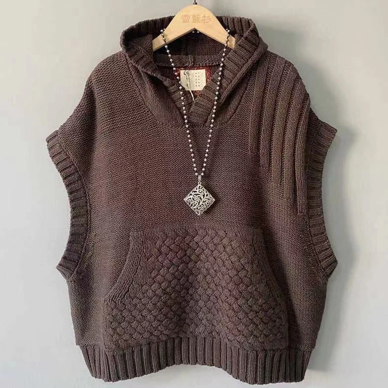 CX棉线垮肩麻花辫连帽针织坎肩女2023秋冬韩版休闲大口袋减龄马夹