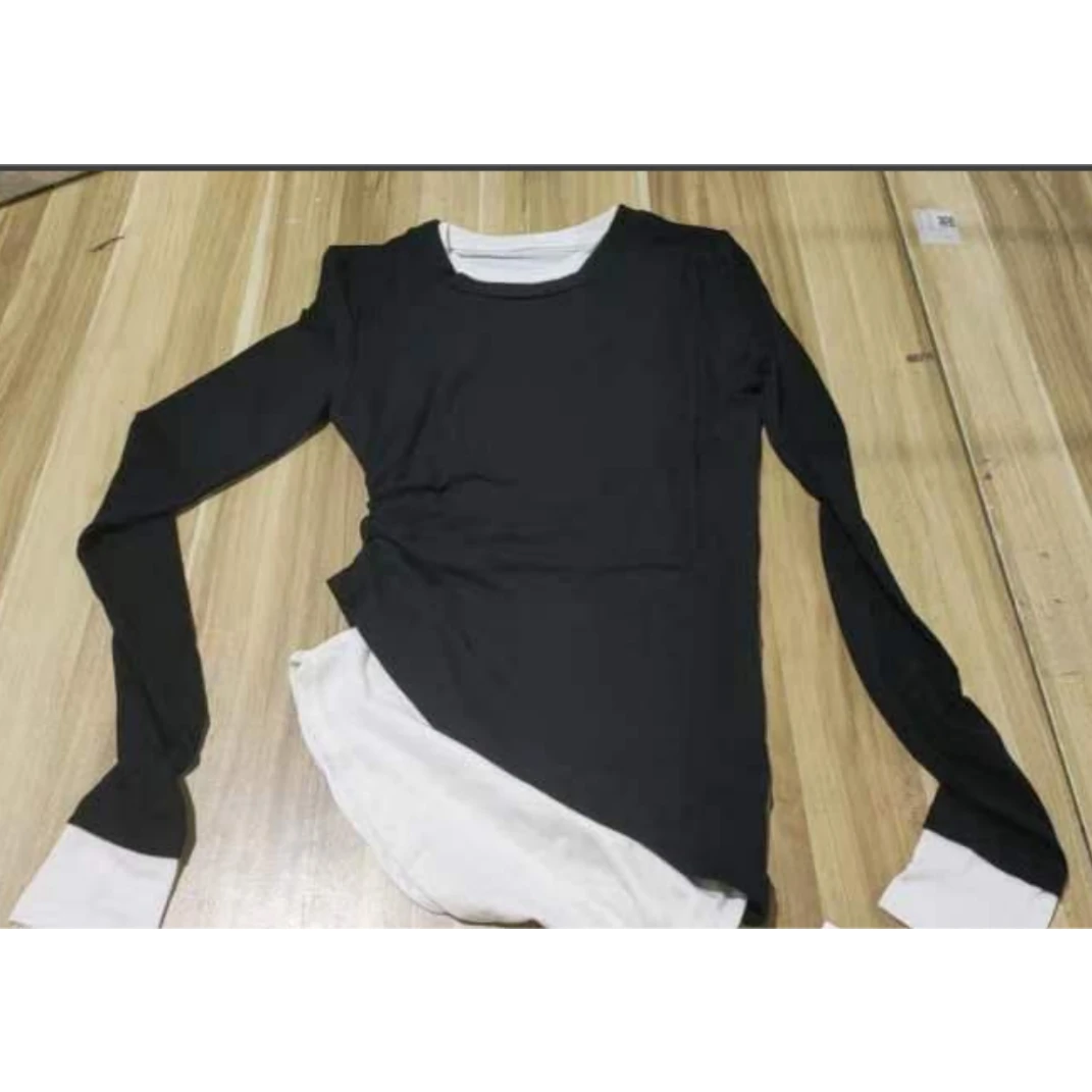 大饼新款【拼色注解】设计感小众假两件拼接长袖打底衫修身T恤新款