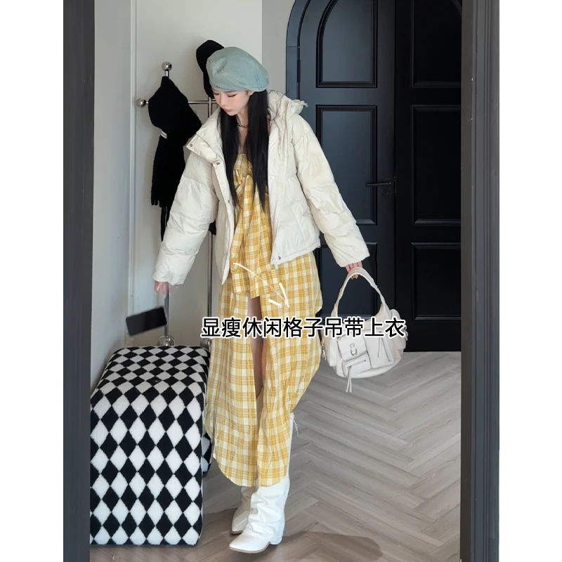 专属【日落黄格】时尚小众设计感显白显瘦休闲格子吊带衬衫上衣女
