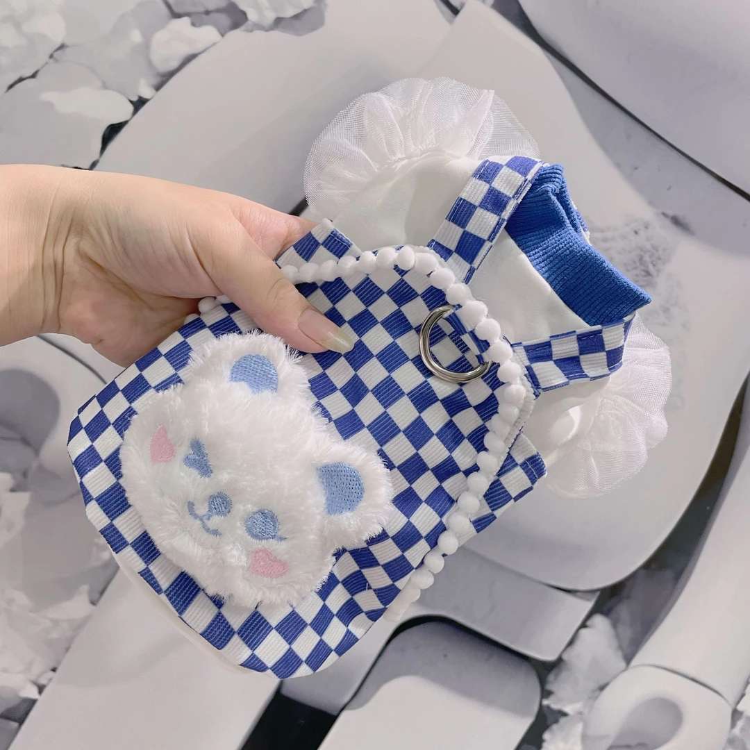 宠物套装弹力卫衣打底衫蓝白格子背带裙小体狗马甲秋冬款套装