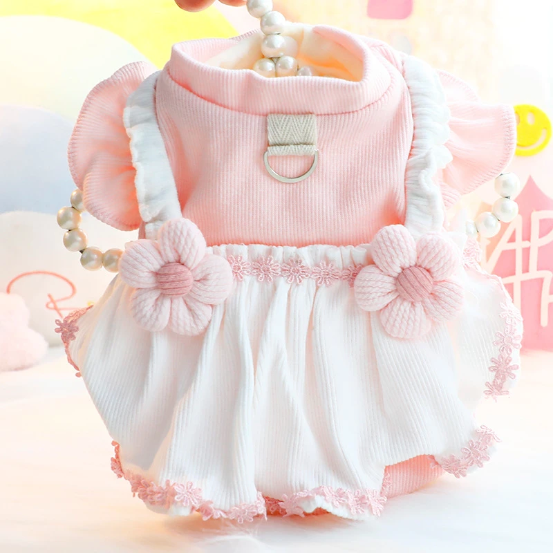 狗狗衣服秋冬装厚款猫咪公主裙花朵背带可牵引小型犬泰迪宠物5887