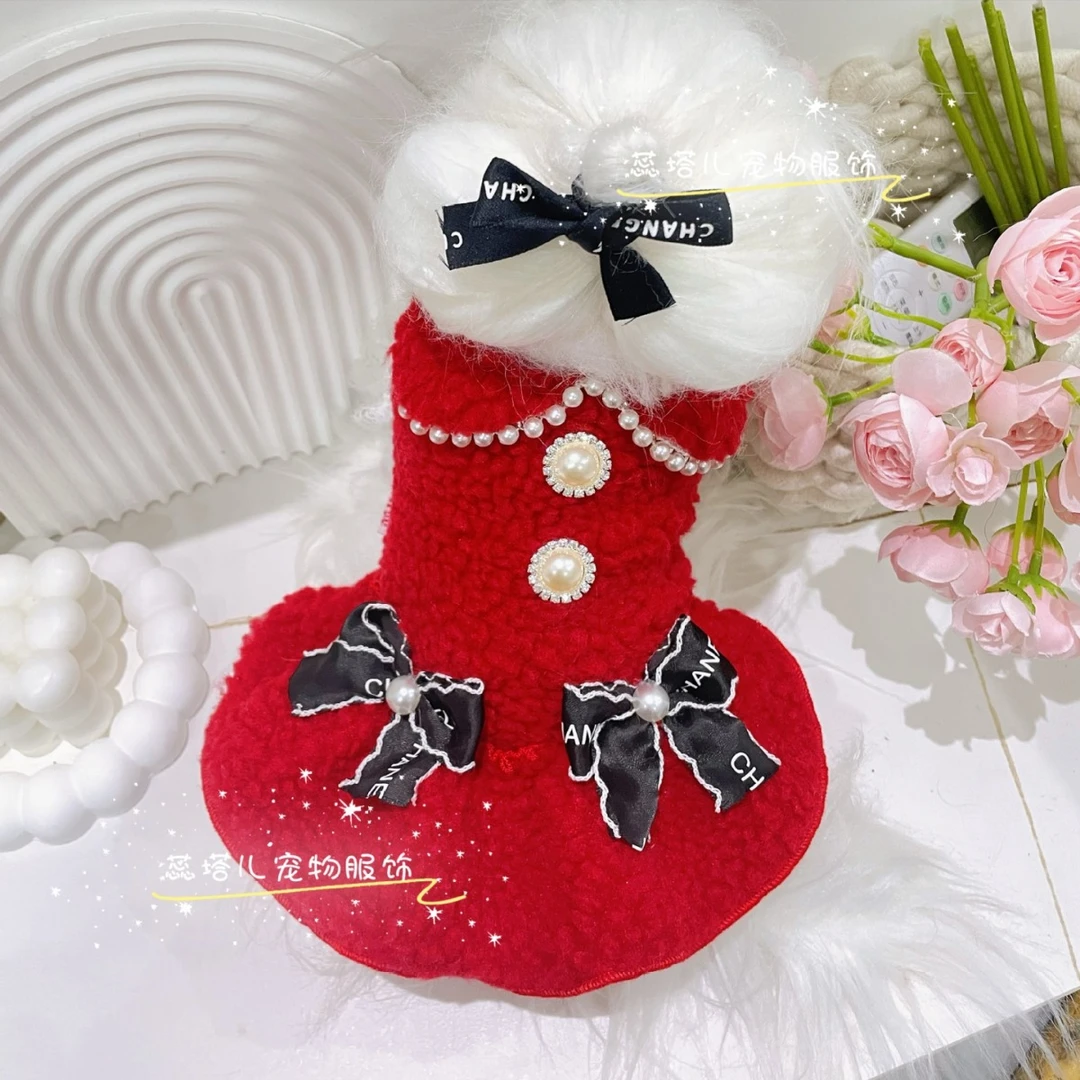 狗狗猫咪新年裙拜年服小体约克夏泰迪酒红色小香风蝴蝶结棉服连衣