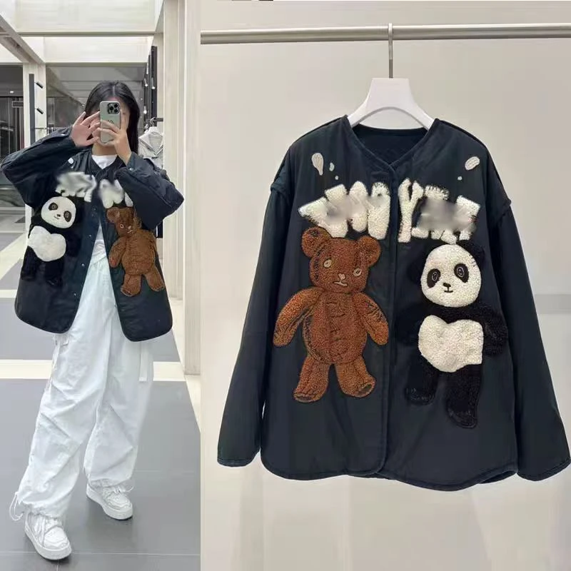 【熊和熊猫】2024冬季新款百搭宽松卡通刺绣棉服外套女.Y6940
