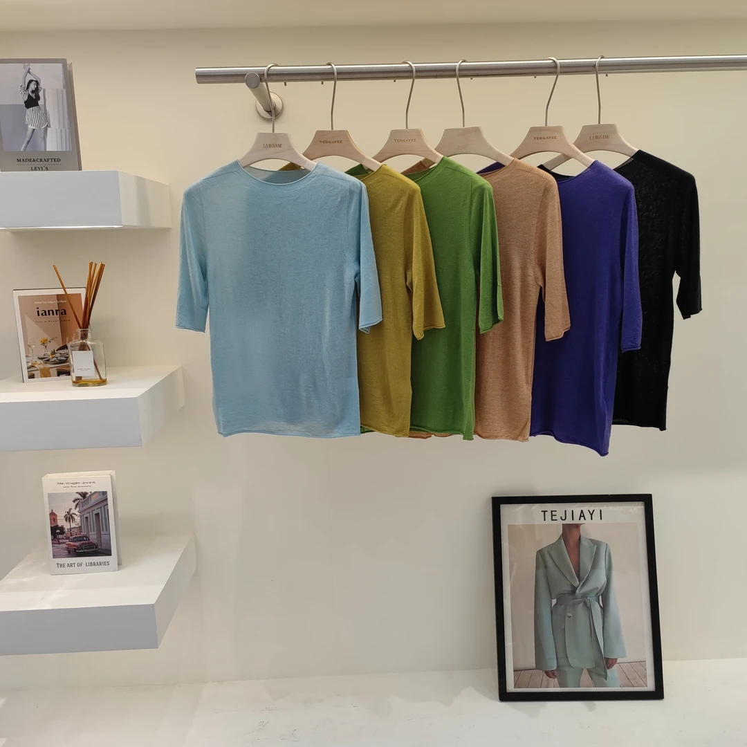 18针羊毛打底衫~五分袖一字领针织衫女薄 套头上衣25春夏无缝