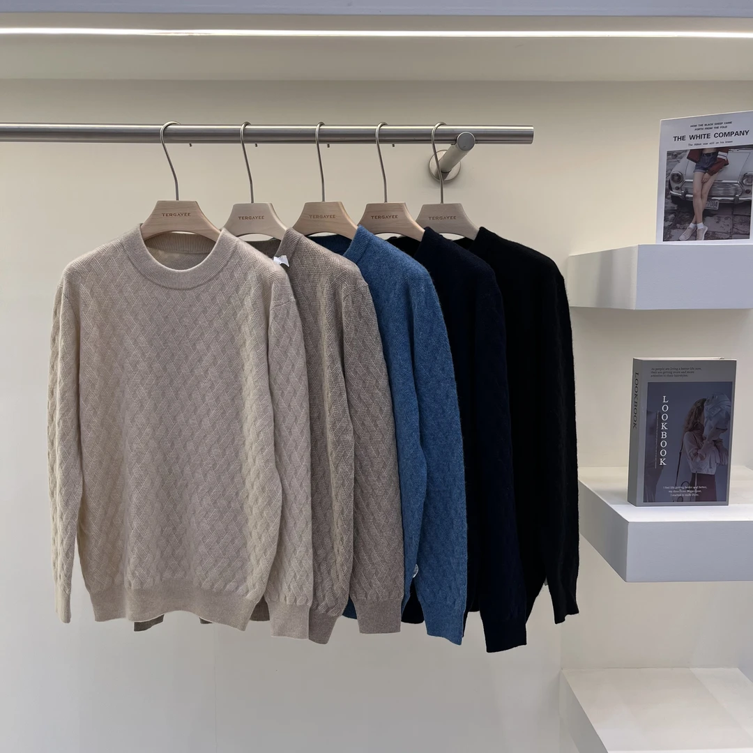 山羊绒衫男士圆领秋冬季套头保暖加厚纯色提花针织衫毛衣百搭简约