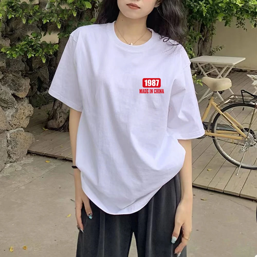 情侣宽松时尚百搭休闲圆领简约白色短袖T恤韩版印花