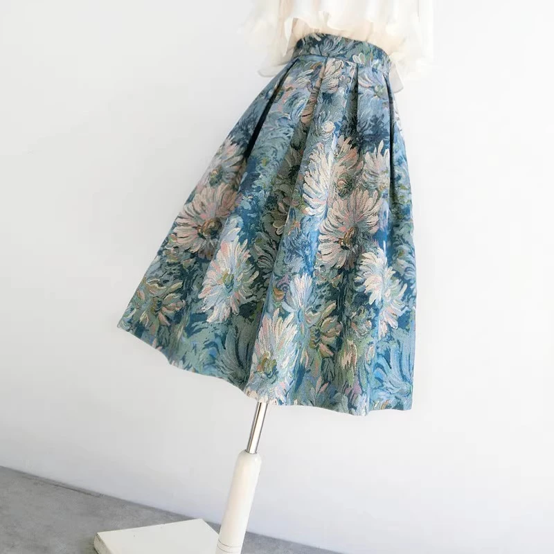 子未伊  原创青花瓷女春秋新款油画风高腰裙蓬蓬裙中长有口袋