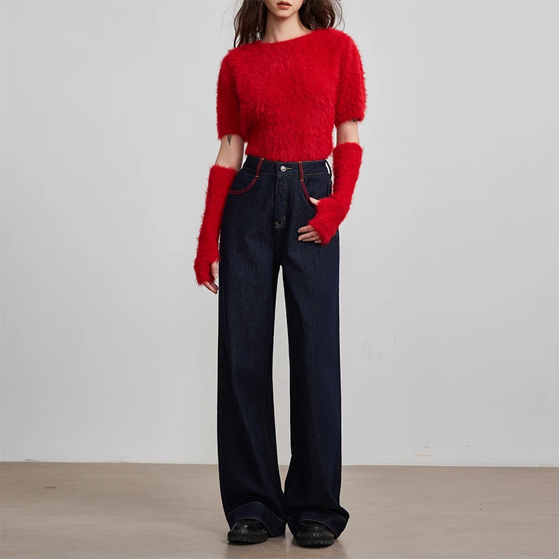 【花宁娜】加绒.丹宁蓝牛仔裤高腰显瘦百搭直筒裤宽松阔腿裤9322