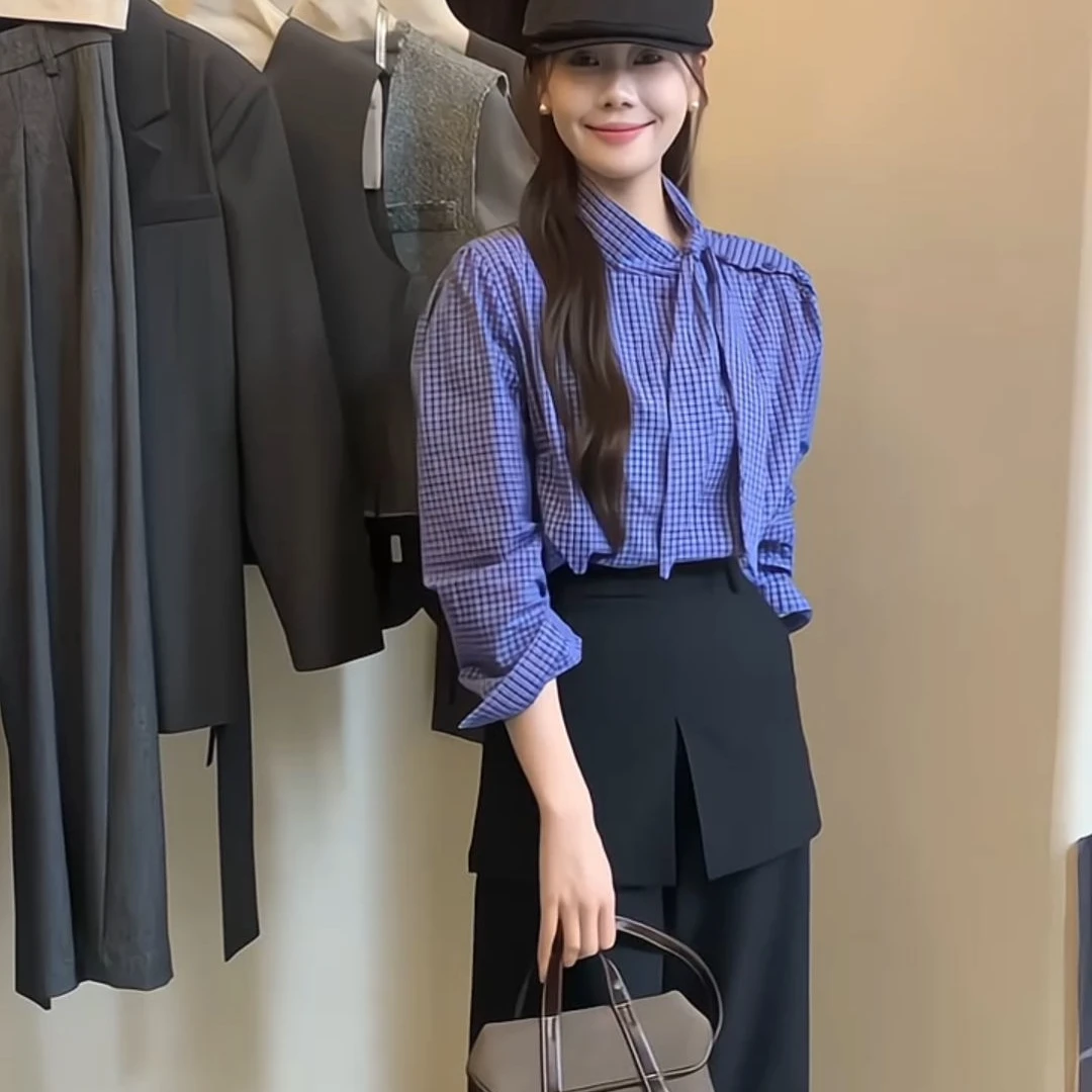 2024早秋新款小众设计感不规则格子衬衫西裤长裤套装洋气两件套