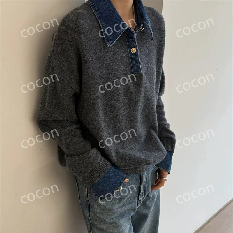 【100%羊毛 不可机洗】百搭长袖宽松翻领秋冬设计感休闲羊毛衫