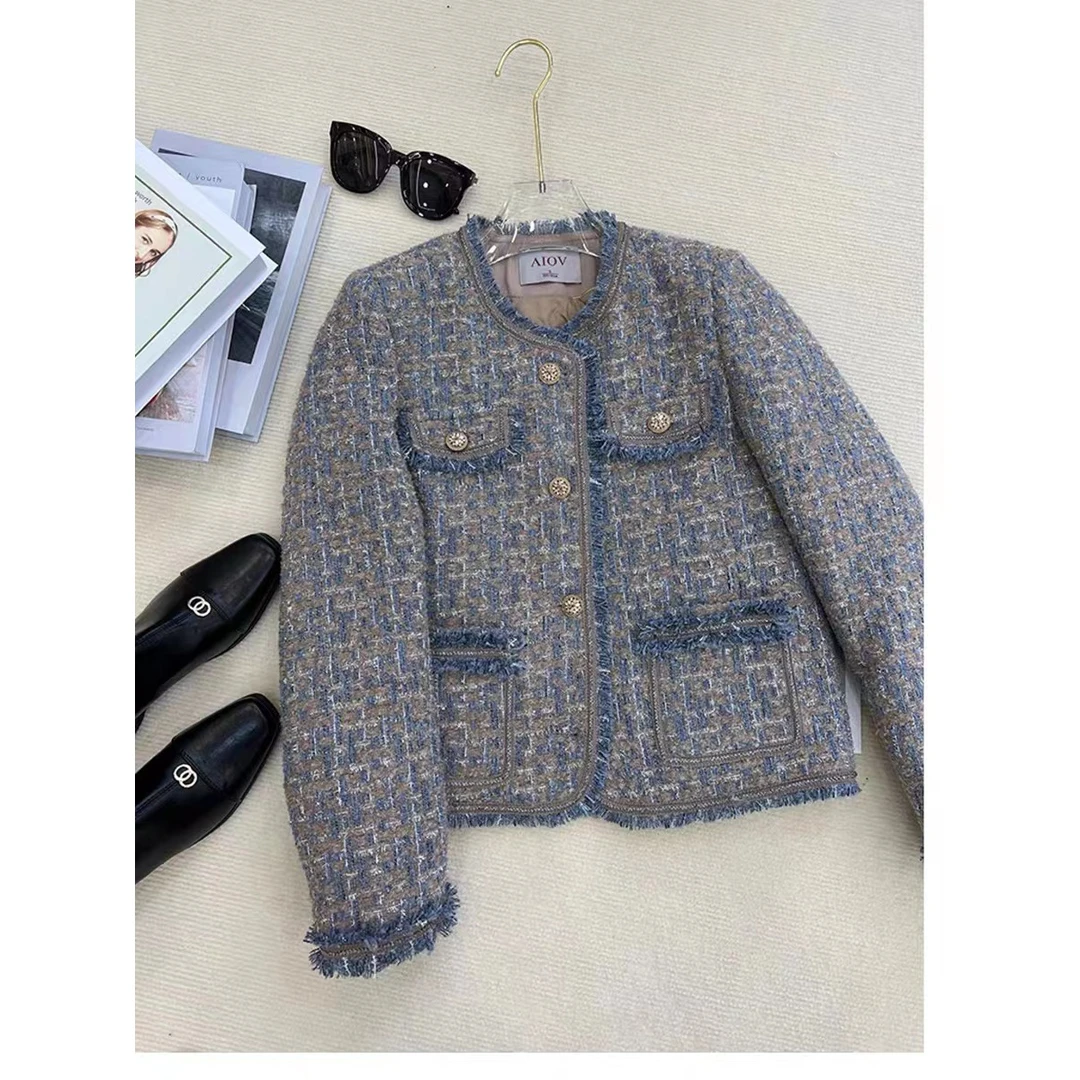 9941小香风外套女气质2023冬季新款粗花呢流苏加厚蓝色时尚短款女