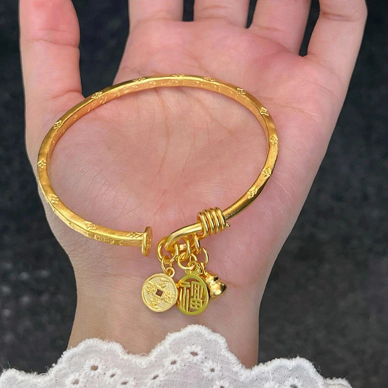 铜合金手镯 SL1257古法吉言招财进宝手镯 葫芦福牌吊坠开口镯