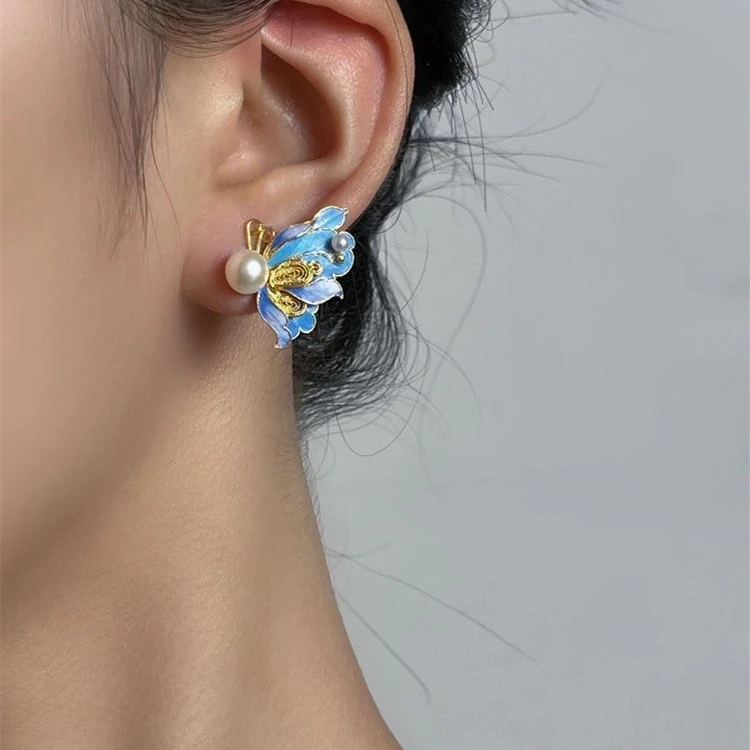 铜合金珐琅耳饰 ED336花丝蝴蝶耳钉 百搭气质轻奢耳钉