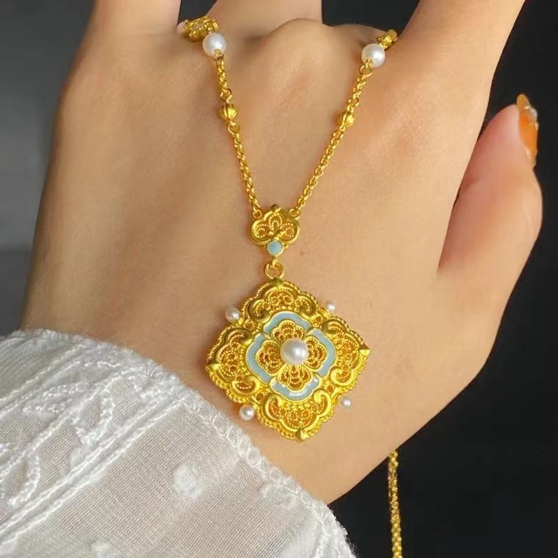 铜合金项链 X1653宋韵四叶珠珠项链 轻奢高级感项链百搭日常