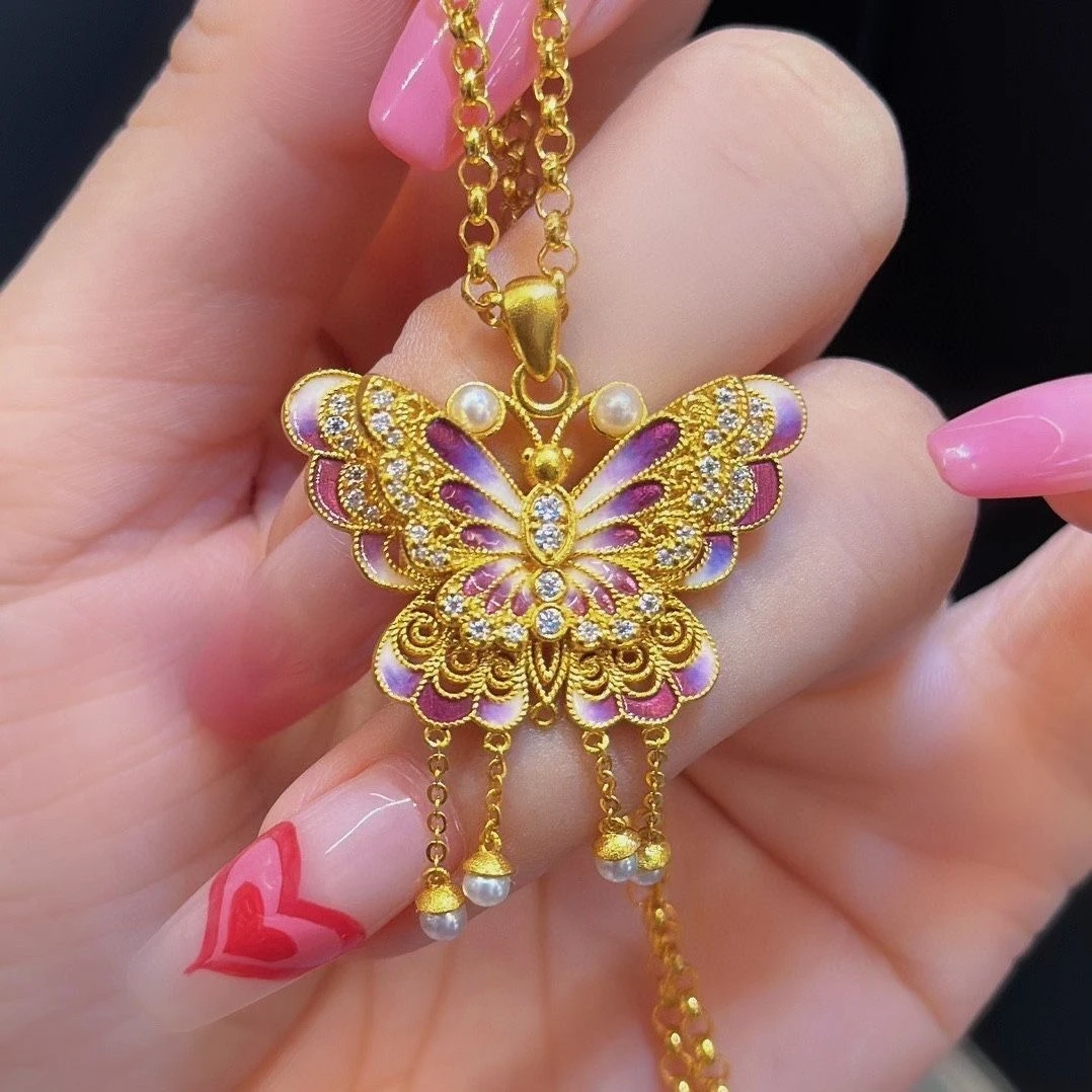 铜合金项链 X1662古法蝴蝶吊坠项链 紫色渐变蝴蝶项链气质百搭